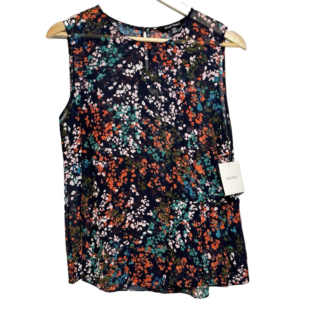 Ellen Tracy Sleeveless Blouse Medium Floral Sheer Pleated Ruffle NEW